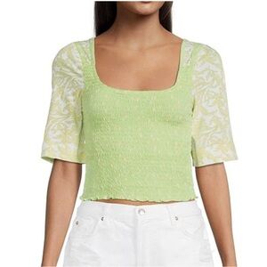 NWT Free People szS Green print Marigold Square Neck Smocked Crop Top…